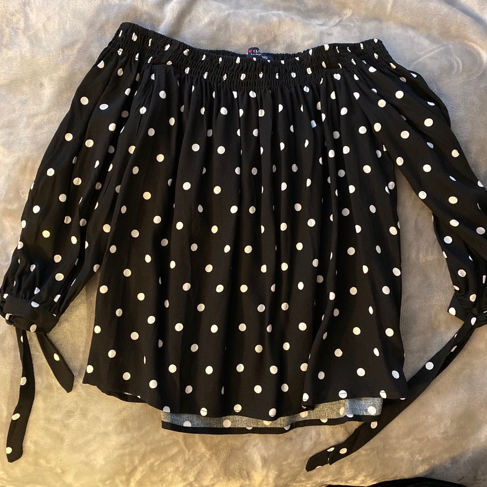 black and white polka dot off the shoulder top